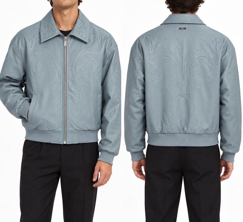 boohooMAN Men's Dusty Blue NWT Embossed PU Baroque Boxy Bomber Jacket Size Small